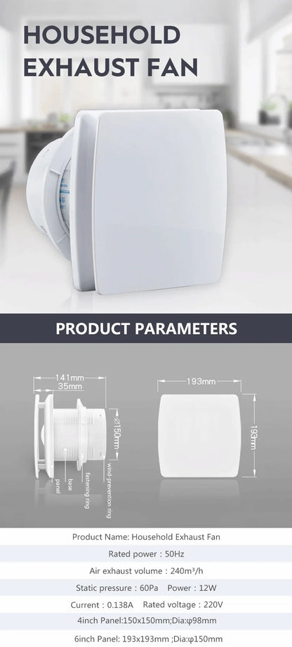 220V 4/6inch Exhaust Fan Home Bathroom Kitchen Bedroom Toilet Low Noise Ventilator Fan Hotel Wall Silent Extractor Exhaust Fan