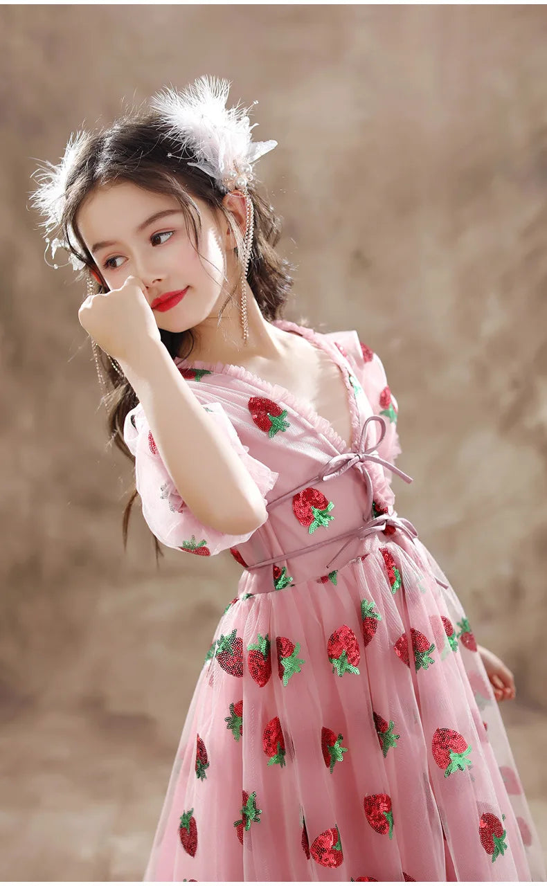 Girls Sequins Strawberry Pink Dresses Kids Dance Show Gowns Teen Girl Wedding Bridal Clothes Teenagers First Communion Dresses