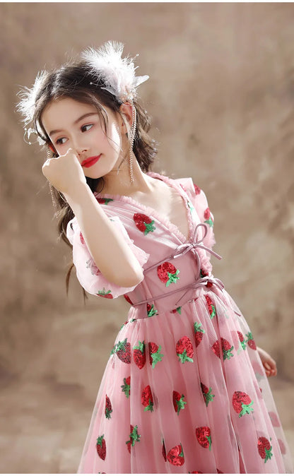 Girls Sequins Strawberry Pink Dresses Kids Dance Show Gowns Teen Girl Wedding Bridal Clothes Teenagers First Communion Dresses