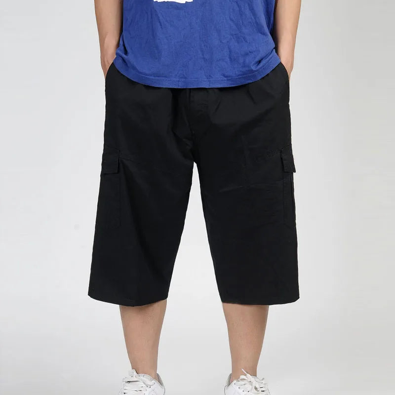 2025 Men Summer Multi-Pocket Baggy Cargo Cotton Calf Length Pants Casual Trouser Male Large Solid Color Shorts Plus Size Xl-6Xl