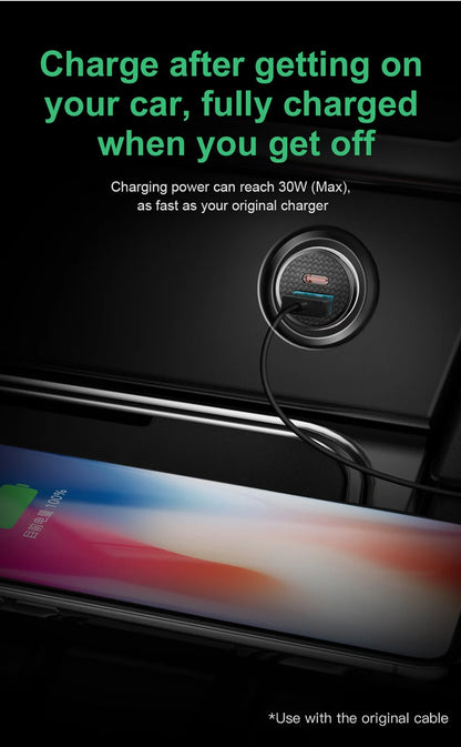 Baseus 30W Car Fast Charger Quick Charge 4.0 3.0 USB Type-C Fast Charging Car Phone Charger For Huawei Xiaomi iPhone 15 14 13 12