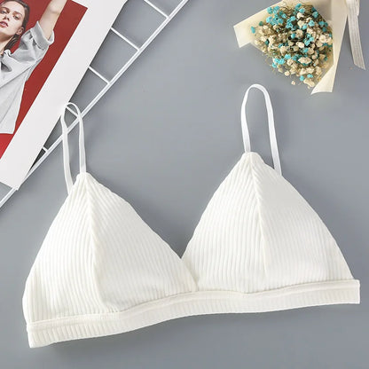 Women Cotton Push-Up Bra Ribbed Triangle Cup Bralette Wire-Free Bras Ladies Sexy Lingerie Simple Low Back Single Hook Underwear