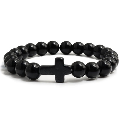 Fashion Jesus Cross Natural Stone Bracelets Charm Blue Pine Stone Black Lava Matte Beaded Bracelets Bangles Women Yoga Jewelry