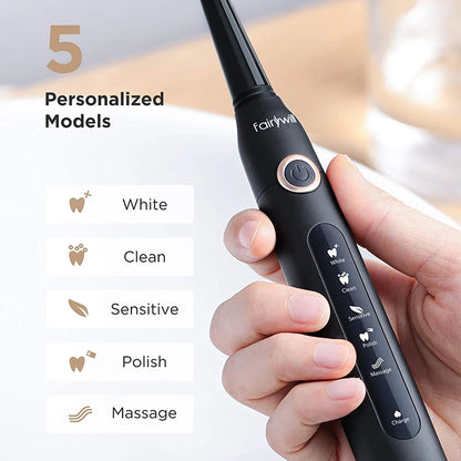 Fairywill FW507 Electric Sonic Toothbrush USB Charger Tooth 8Brush Replacement Waterproof Electronic Toothbrush with Travel Case
