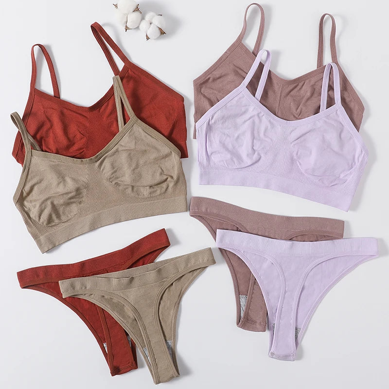Women Seamless Bra And Panties Set Wire Free Bralette High Leg Cut Thongs Comfort Ribbed Unlined Underwear Sexy Lingerie Set