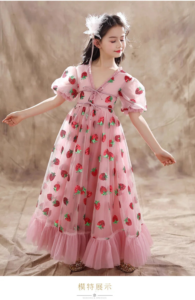Girls Sequins Strawberry Pink Dresses Kids Dance Show Gowns Teen Girl Wedding Bridal Clothes Teenagers First Communion Dresses