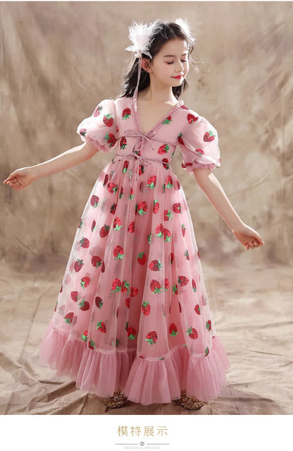 Girls Sequins Strawberry Pink Dresses Kids Dance Show Gowns Teen Girl Wedding Bridal Clothes Teenagers First Communion Dresses