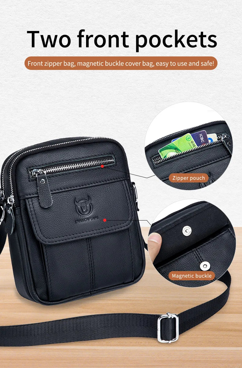 Bullcaptain Casual Men's Shoulder Bags Business Messenger Bag High-Quality Men's Cow Leather Bag's Mini Large Capacity Pocket
