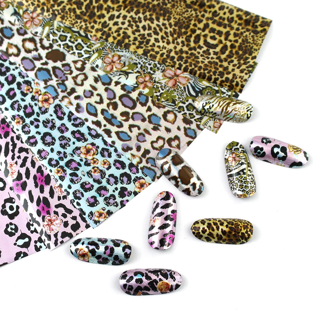16Pc Holographic Nail Foil Set Starry Transfer 20*4cm Sticker Laser Flowers Leopard Mix Design Decal DIY Nail Art Decoration