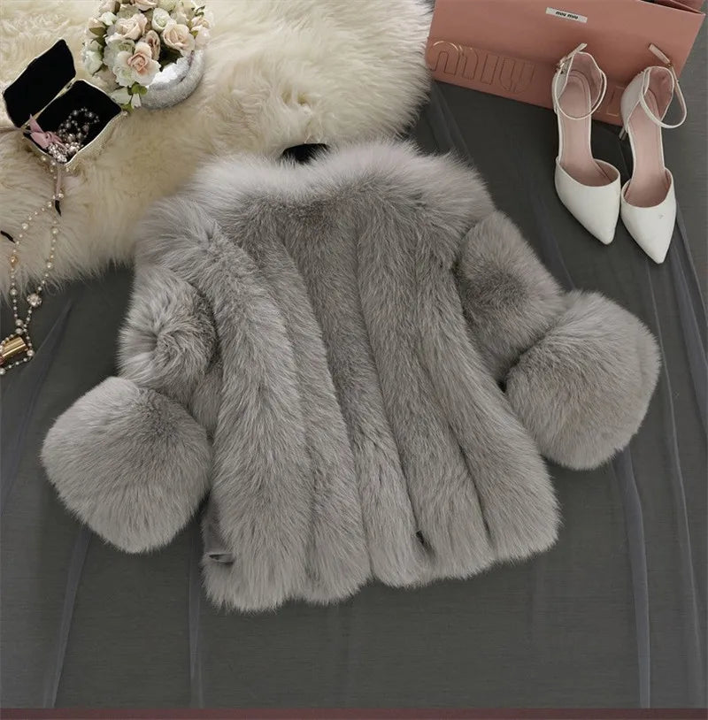 New S-4XL Winter Luxury Faux Fox Fur Coat women Slim Long Pink Red Blue Faux Fur Jacket Women Fake Fur Short Coats Female H701