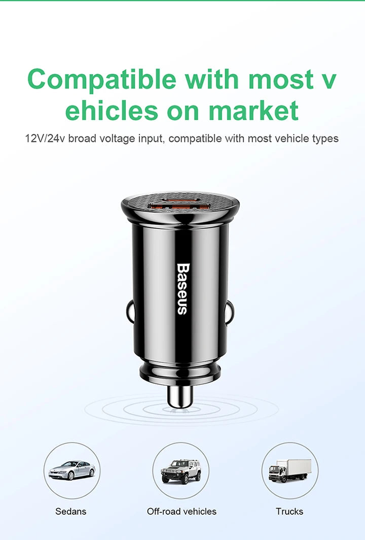 Baseus 30W Car Fast Charger Quick Charge 4.0 3.0 USB Type-C Fast Charging Car Phone Charger For Huawei Xiaomi iPhone 15 14 13 12
