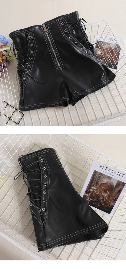 Autumn Women PU Shorts Tie High Waist Shorts Female Casual Black Shorts Ladies All Match Wide leg Shorts Short Pants