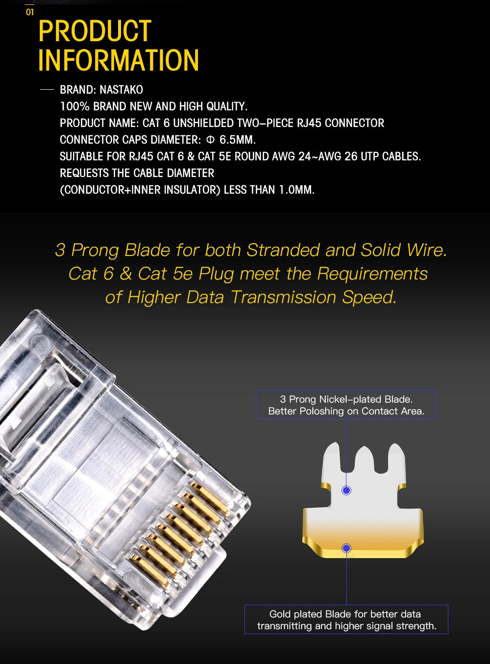 NASTAKO 20/50/100pcs Cat6 RJ45 Connector UTP Cable Ethernet Jack 8P8C Network CAT6 Cat5e Modular Plugs with 6.5mm RJ45 Caps
