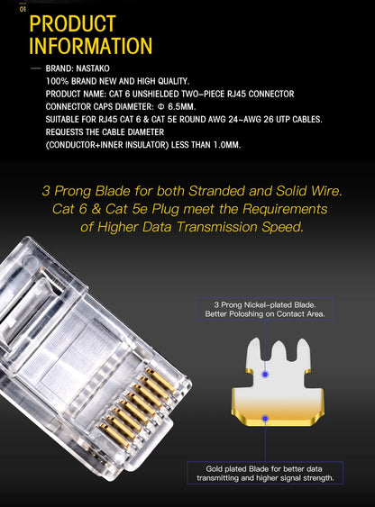 NASTAKO 20/50/100pcs Cat6 RJ45 Connector UTP Cable Ethernet Jack 8P8C Network CAT6 Cat5e Modular Plugs with 6.5mm RJ45 Caps