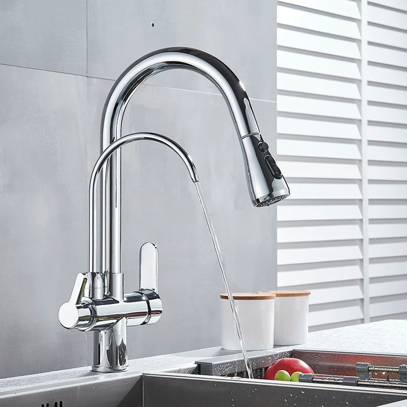 Matte Black Pure Water Kitchen Faucet Dual Handle Hot and Cold Drinking Water Pull Out  Kitchen Mixer Taps