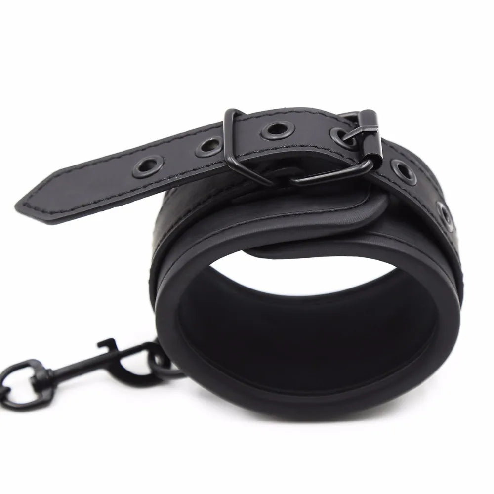 Thierry PU Leather SM Products Wrist Cuffs & Ankle Cuffs & Neck Collar Set, BDSM Bondage Sex Toys, Hancuffs Cosplay Accessories