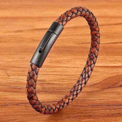 XQNI New Classic Style Men Leather Bracelet Simple Black Stainless Steel Button Neutral Accessories Hand-woven Jewelry Gifts