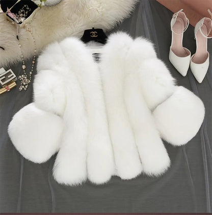 New S-4XL Winter Luxury Faux Fox Fur Coat women Slim Long Pink Red Blue Faux Fur Jacket Women Fake Fur Short Coats Female H701