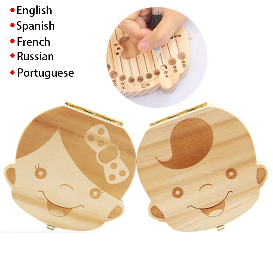 Spanish/English/Portugal/French/Russia Baby Wood Tooth Box Organizer Milk Teeth Storage Collect Teeth Umbilica Lanugo Save Gifts