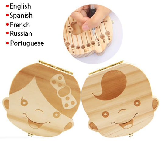 Spanish/English/Portugal/French/Russia Baby Wood Tooth Box Organizer Milk Teeth Storage Collect Teeth Umbilica Lanugo Save Gifts