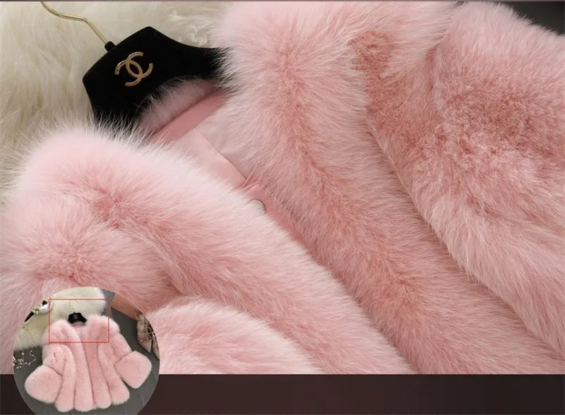 New S-4XL Winter Luxury Faux Fox Fur Coat women Slim Long Pink Red Blue Faux Fur Jacket Women Fake Fur Short Coats Female H701