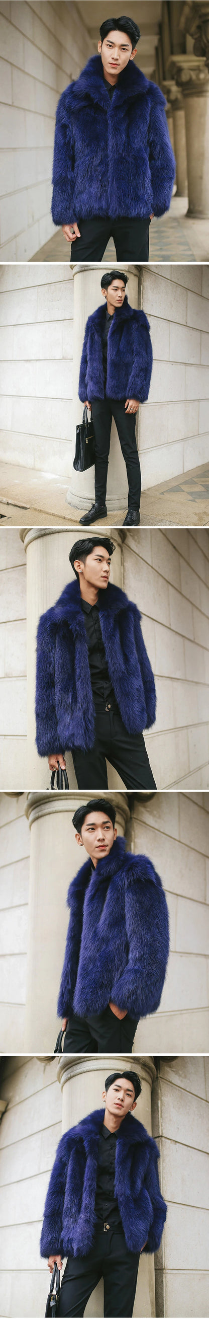 Men's fur coat Faux fox fur coat Casual warm zipper short jacket