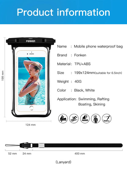FONKEN Full View Waterproof Case for Phone Underwater Snow Rainforest Transparent Dry Bag Swimming Pouch Big Mobile Phone Covers