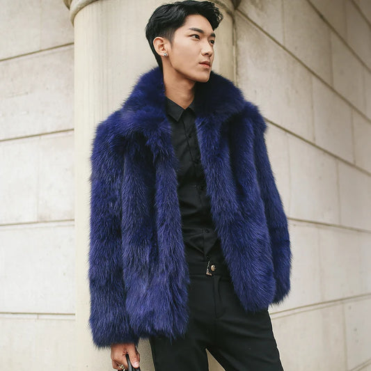 Men's fur coat Faux fox fur coat Casual warm zipper short jacket
