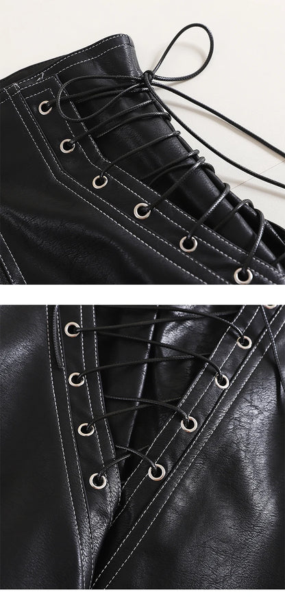 Autumn Women PU Shorts Tie High Waist Shorts Female Casual Black Shorts Ladies All Match Wide leg Shorts Short Pants