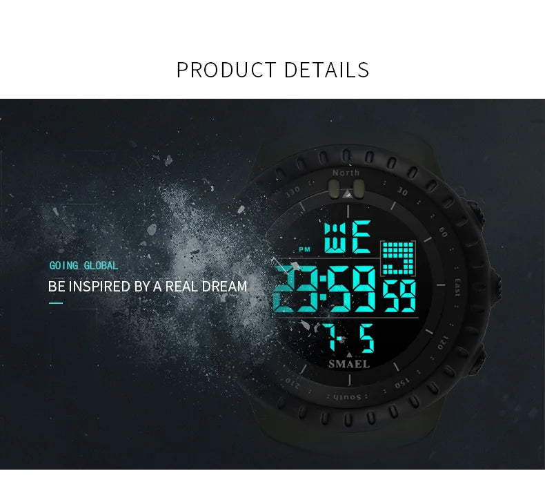 SMAEL Brand Men Electronics Watch Outdoor Sports Waterproof Big Dial Digital LED Alarm Digital-watch 1237 Sport Watch