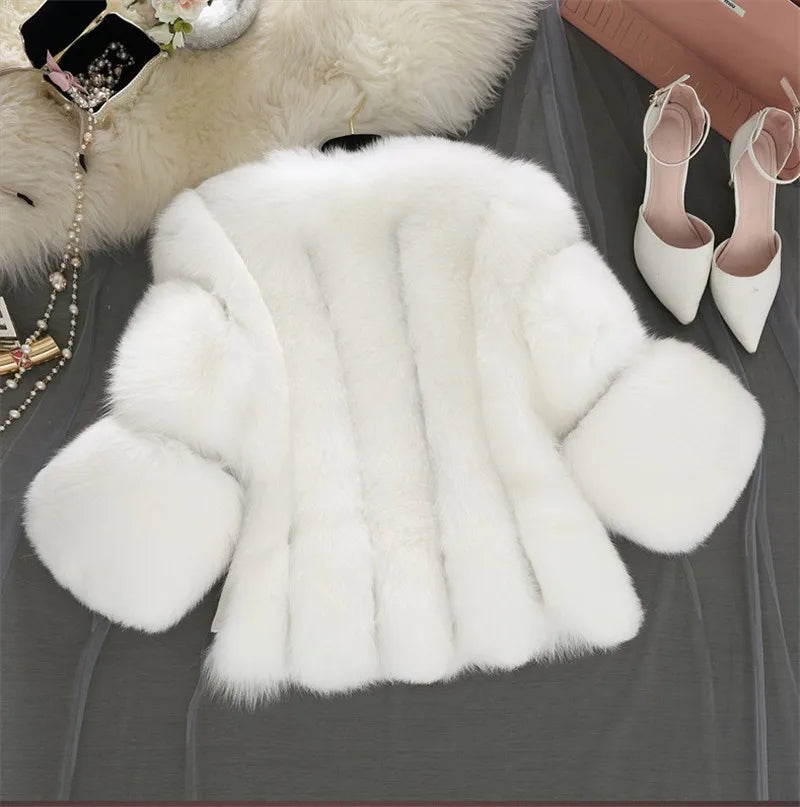 New S-4XL Winter Luxury Faux Fox Fur Coat women Slim Long Pink Red Blue Faux Fur Jacket Women Fake Fur Short Coats Female H701