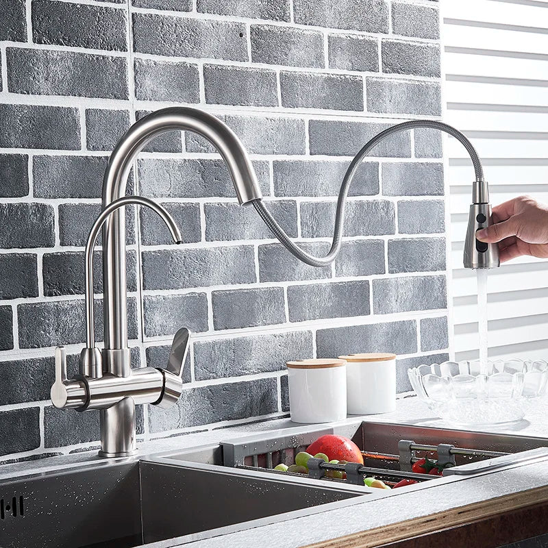 Matte Black Pure Water Kitchen Faucet Dual Handle Hot and Cold Drinking Water Pull Out  Kitchen Mixer Taps