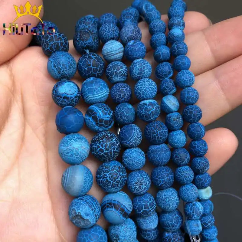 Natural Stone Beads Frost Dark Blue Cracked Dream Fire Dragon Veins Agates Beads For Jewelry Making DIY Bracelet 15‘’ 6/8/10mm