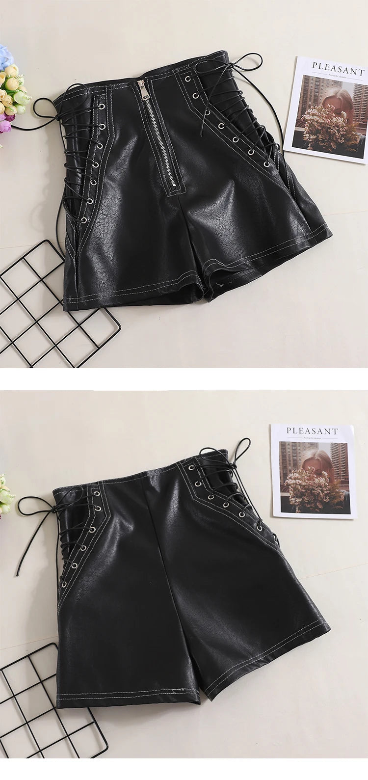 Autumn Women PU Shorts Tie High Waist Shorts Female Casual Black Shorts Ladies All Match Wide leg Shorts Short Pants