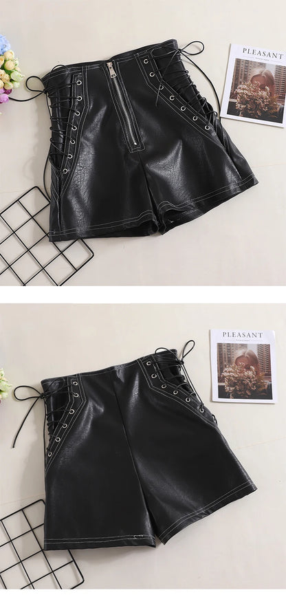 Autumn Women PU Shorts Tie High Waist Shorts Female Casual Black Shorts Ladies All Match Wide leg Shorts Short Pants