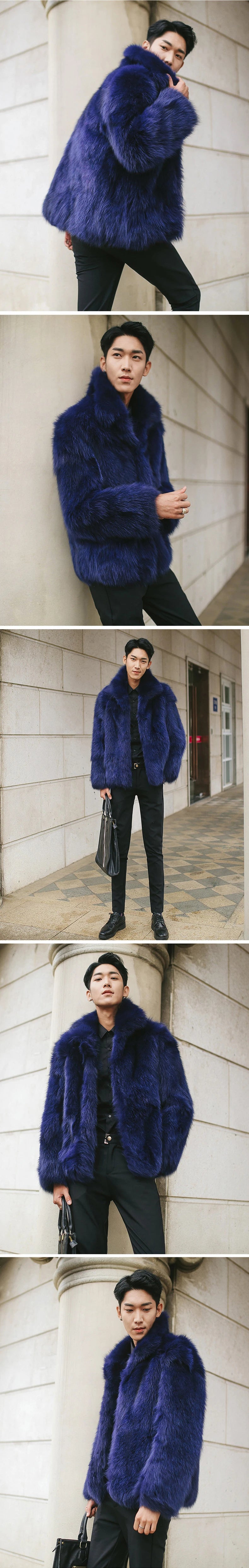 Men's fur coat Faux fox fur coat Casual warm zipper short jacket