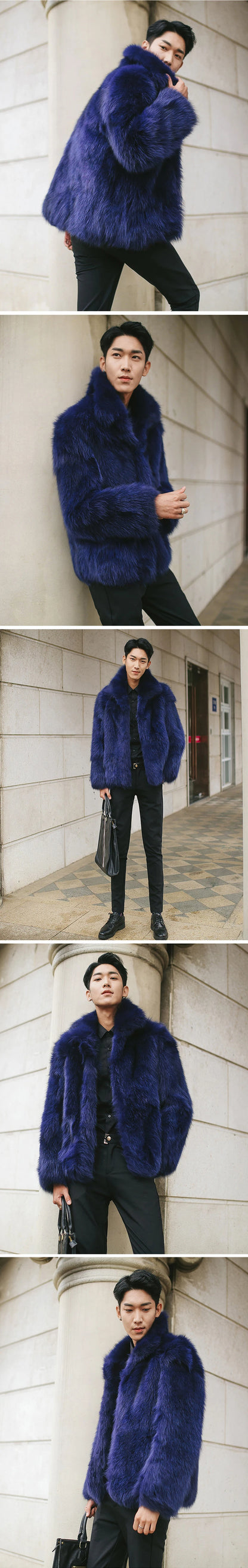 Men's fur coat Faux fox fur coat Casual warm zipper short jacket