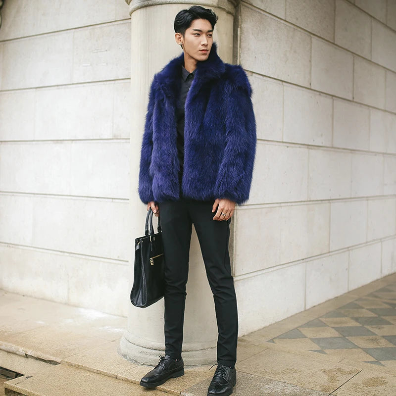 Men's fur coat Faux fox fur coat Casual warm zipper short jacket