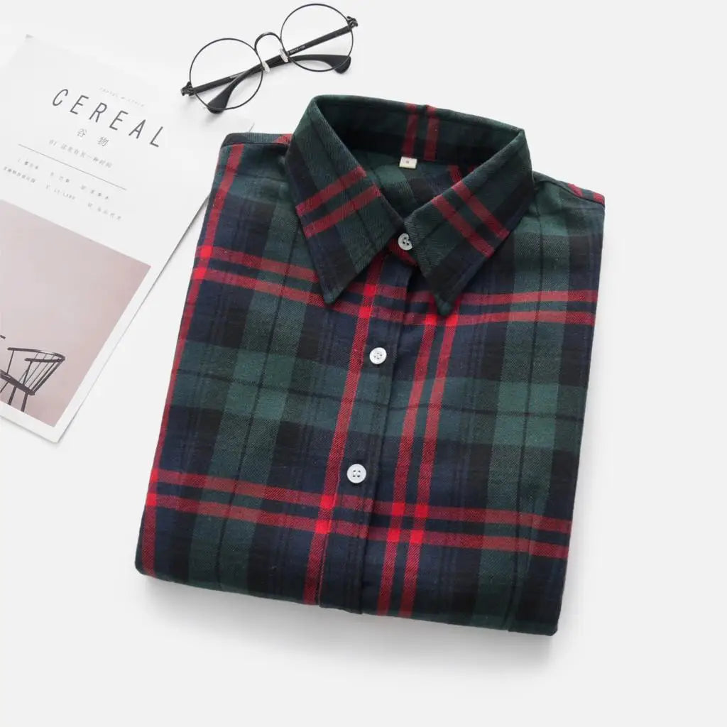 2023 Women Blouses Brand New Excellent Quality Flannel Red Plaid Shirt Women Cotton Casual Long Sleeve Shirt Tops Lady Clothes