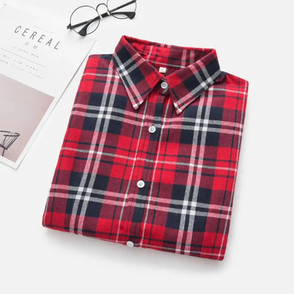 2023 Women Blouses Brand New Excellent Quality Flannel Red Plaid Shirt Women Cotton Casual Long Sleeve Shirt Tops Lady Clothes