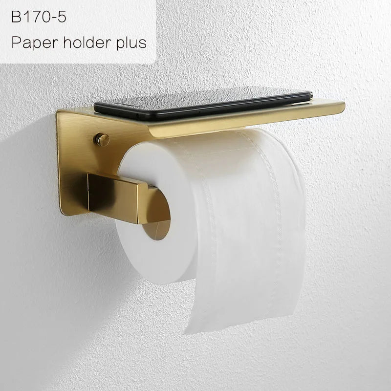 Gold Brushed Bathroom Accessories Hardware Towel Bar Rail Toilet Paper Holder Towel Rack Hook Soap Dish Toilet Brush