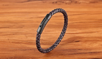 XQNI New Classic Style Men Leather Bracelet Simple Black Stainless Steel Button Neutral Accessories Hand-woven Jewelry Gifts