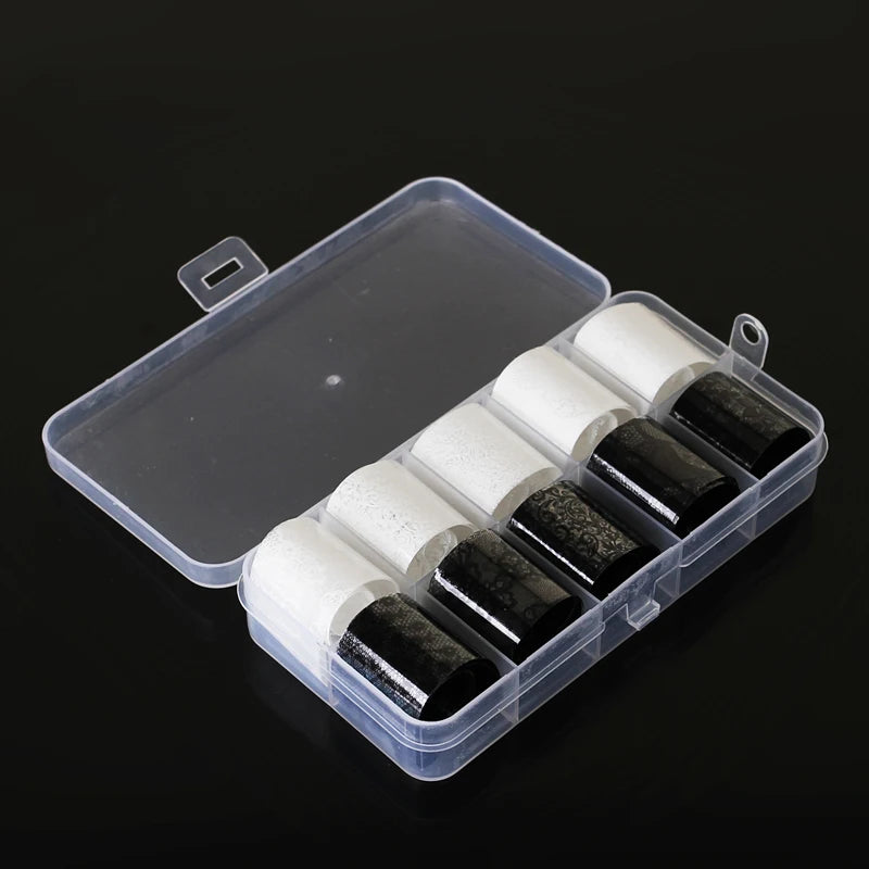 10 Rolls 2.5*60cm New Black White Lace Transfer Foil Nail Art Sexy Full Wraps Flower Glue Adhesive DIY Manicure Styling Tools