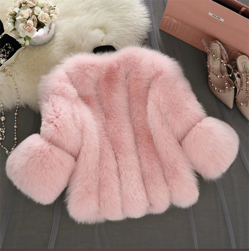 New S-4XL Winter Luxury Faux Fox Fur Coat women Slim Long Pink Red Blue Faux Fur Jacket Women Fake Fur Short Coats Female H701