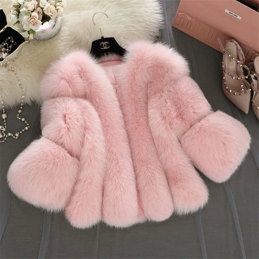 New S-4XL Winter Luxury Faux Fox Fur Coat women Slim Long Pink Red Blue Faux Fur Jacket Women Fake Fur Short Coats Female H701