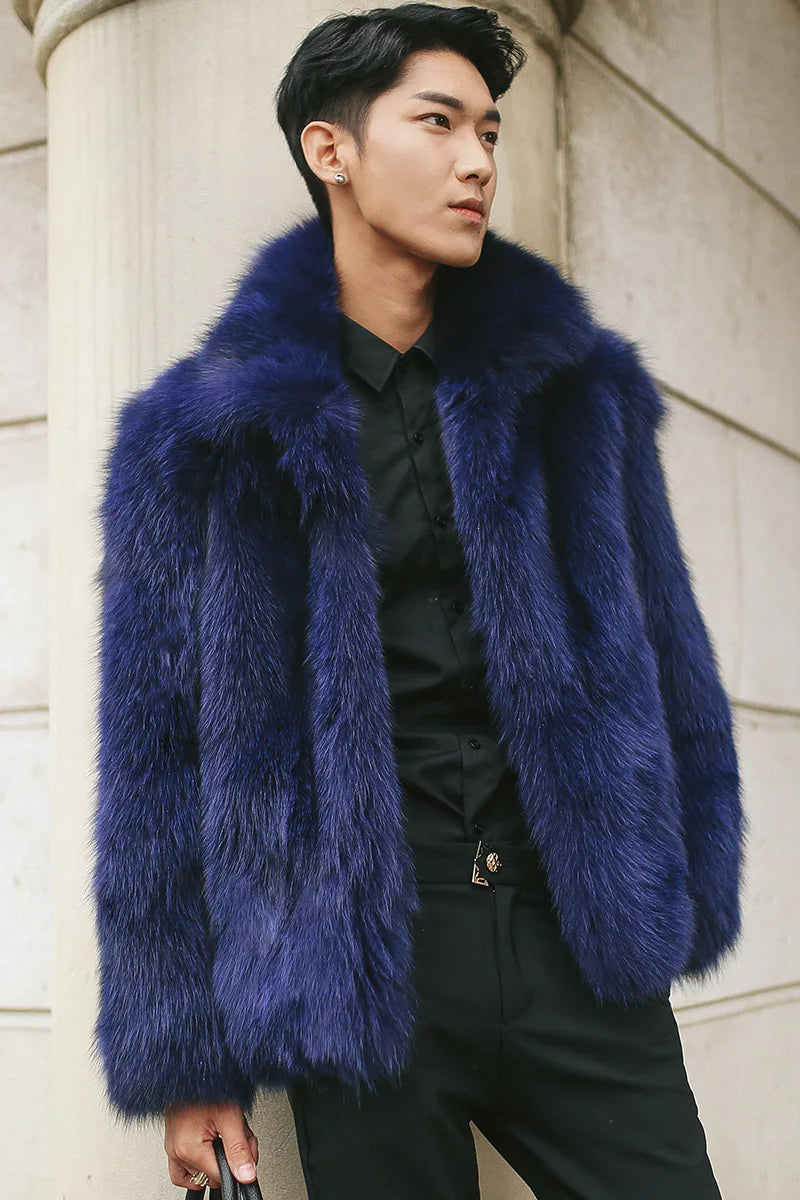 Men's fur coat Faux fox fur coat Casual warm zipper short jacket