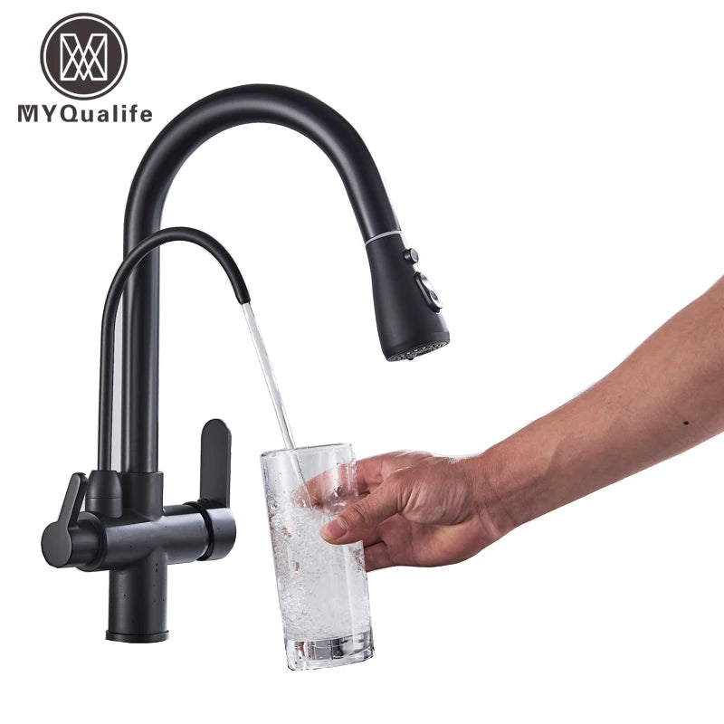 Matte Black Pure Water Kitchen Faucet Dual Handle Hot and Cold Drinking Water Pull Out  Kitchen Mixer Taps