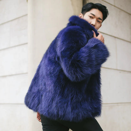 Men's fur coat Faux fox fur coat Casual warm zipper short jacket