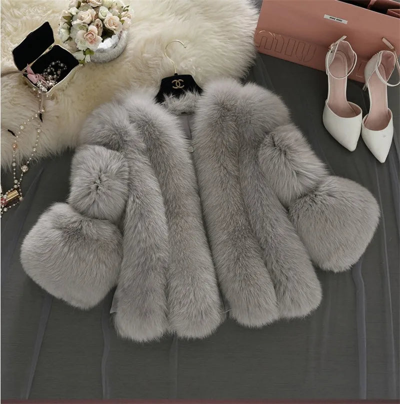 New S-4XL Winter Luxury Faux Fox Fur Coat women Slim Long Pink Red Blue Faux Fur Jacket Women Fake Fur Short Coats Female H701