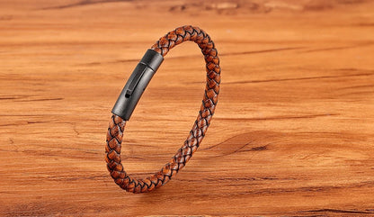 XQNI New Classic Style Men Leather Bracelet Simple Black Stainless Steel Button Neutral Accessories Hand-woven Jewelry Gifts